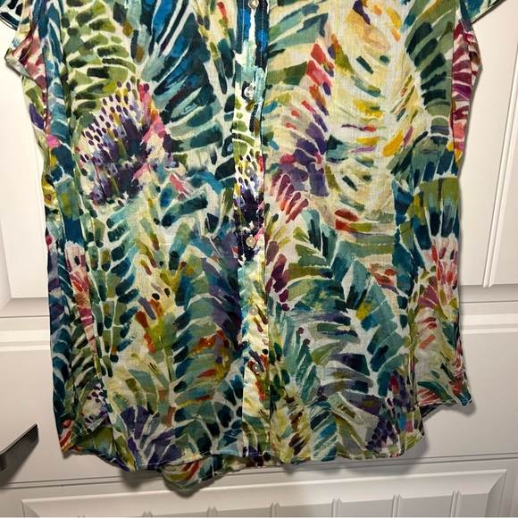 Soft Surroundings Anthea Multi-Color Hawaiian Palm Button Up Short Sleeve Blouse - Picture 4 of 10